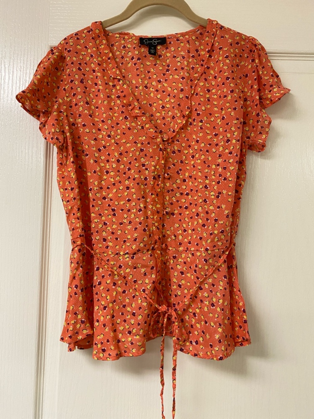 Jessica Simpson Orange Floral Blouse with Ruffle V-Neck - Size M